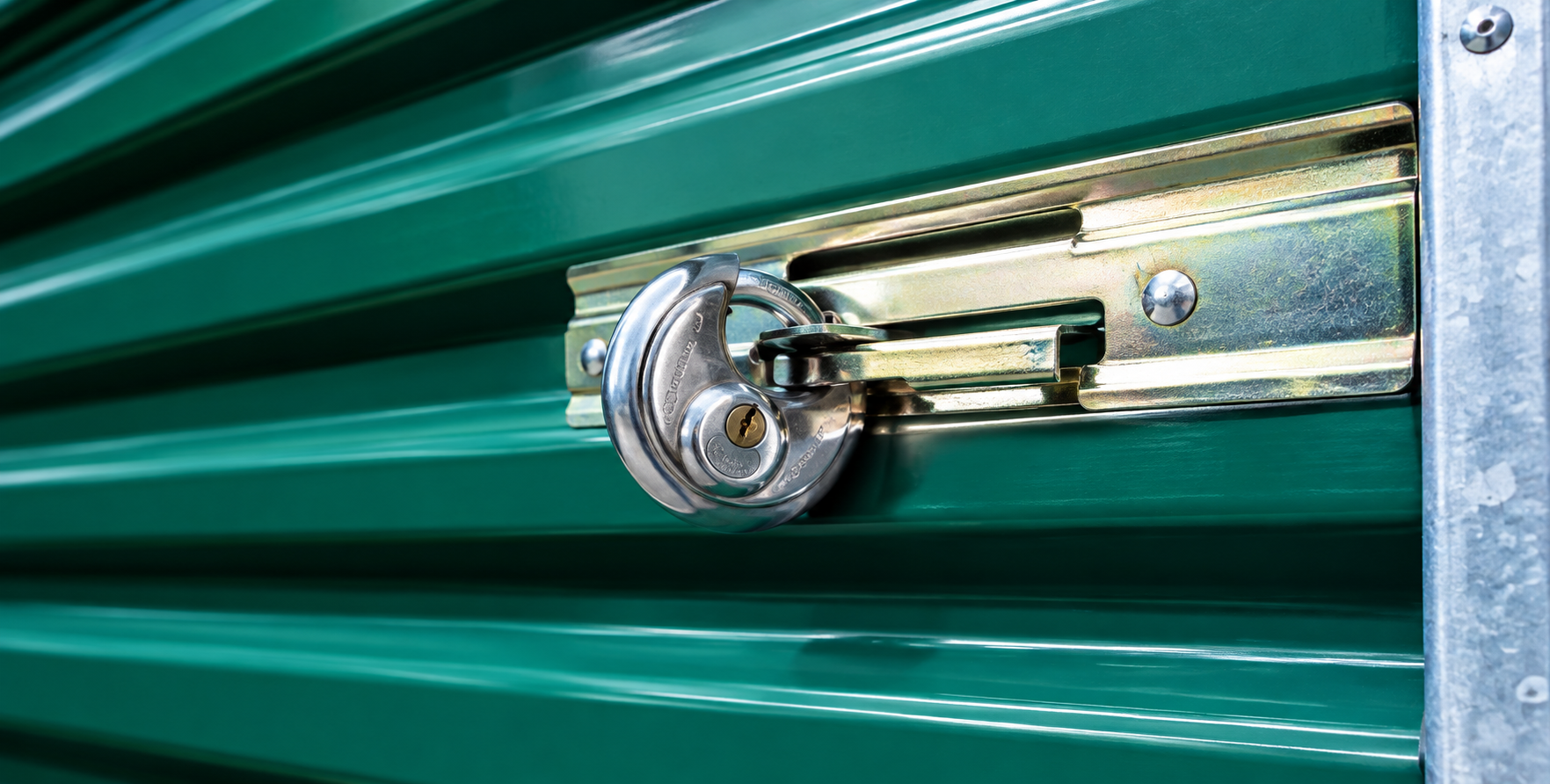 Close-up of a secure disc lock on a Demorest City Storage unit door